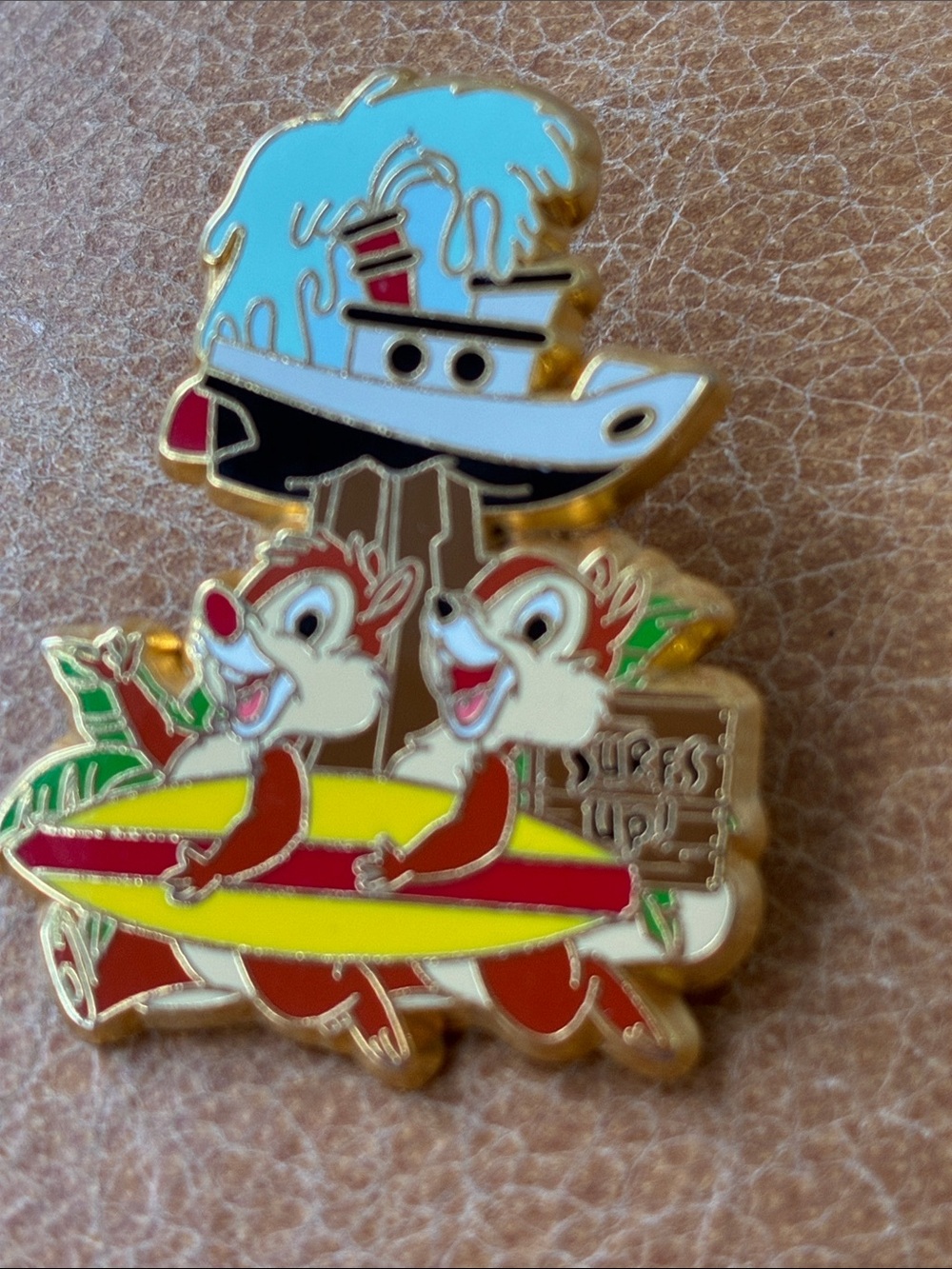 Chip 'n' Dale Surfing Enamel trading Pin - Yellow & Red Surfboard surfs up 2010